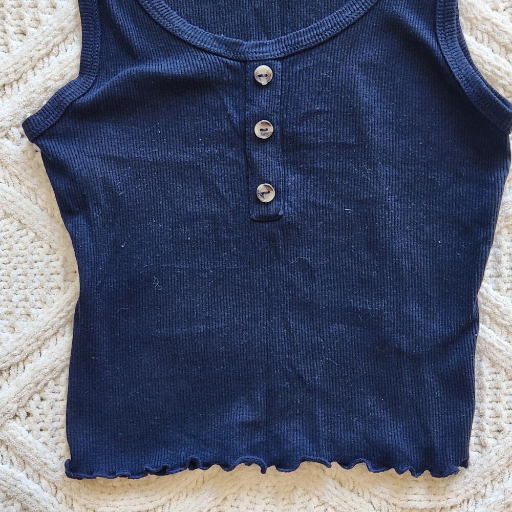 Navy Blue Ribbed Ruffled Tank Size S - Picture 3 of 3